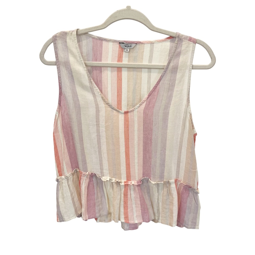 Rails Mira Juliette Stripe V-Neck Peplum Tank Top Pink Multi Metallic Linen - XS